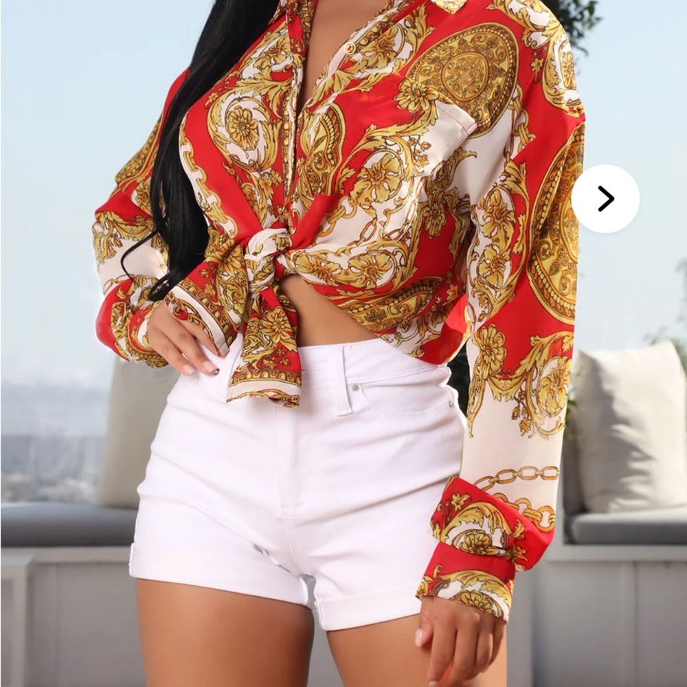 Fashion Nova Red and Gold Baroque Blouse